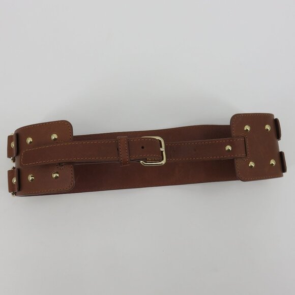 Y2K Juicy Couture Women Wide Brown Leather Gold D Ring Studded Corset Belt VTG main image 8